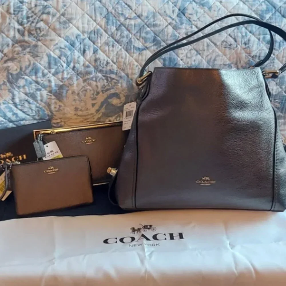 NWT COACH METALLIC GRAPHITE SATCHEL - 3 Piece Set - Coach Leather Edie H… - Picture 1 of 11